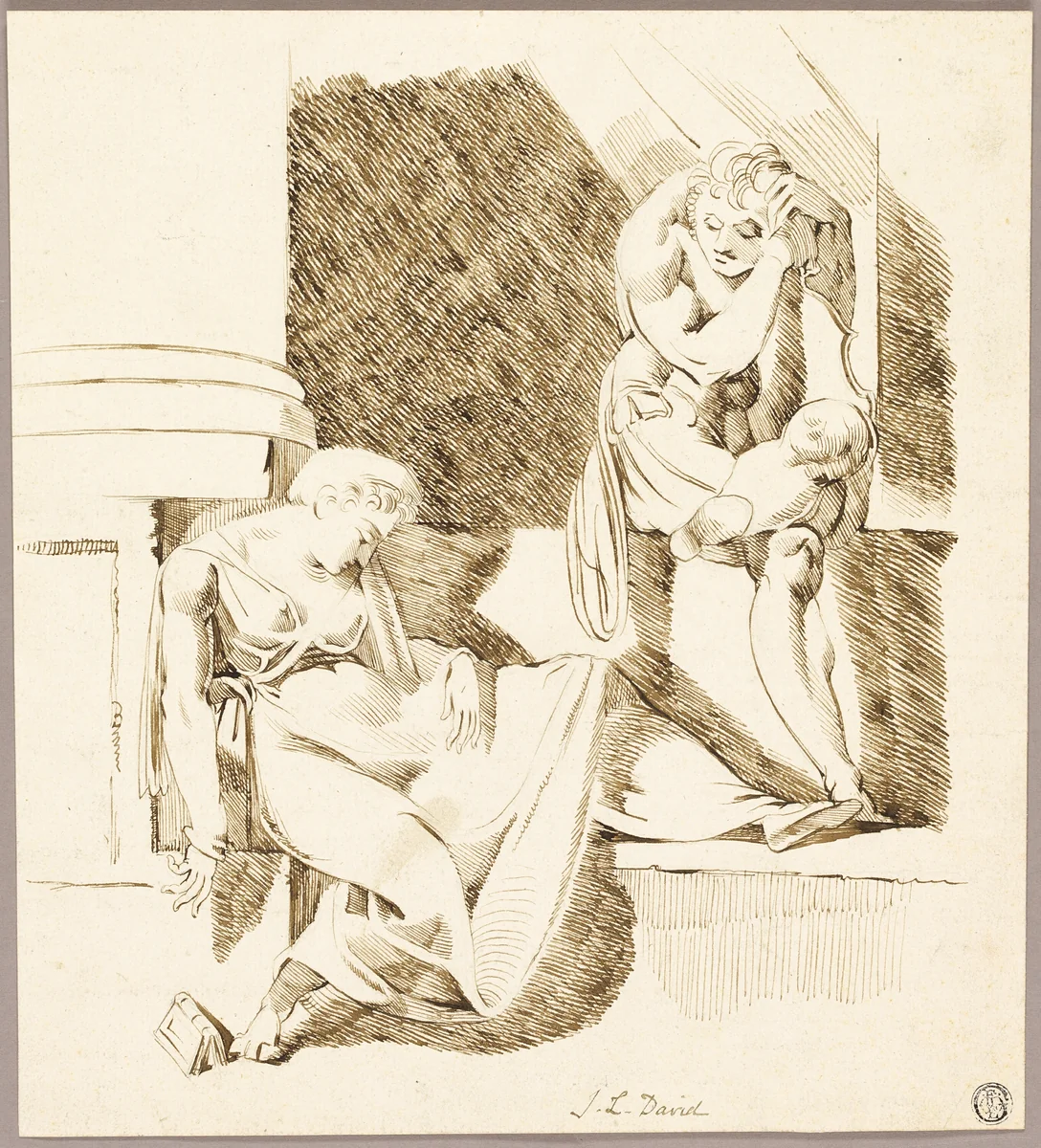 Seated Troubadour Looking at Woman Asleep on Ledge by Henry Fuseli, drawing, 1750-1799