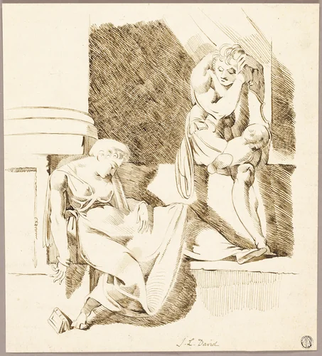 Seated Troubadour Looking at Woman Asleep on Ledge by Henry Fuseli, drawing, 1750-1799