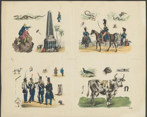 Reizigers, militairen en een stier by anonymous, print, 1800-1899