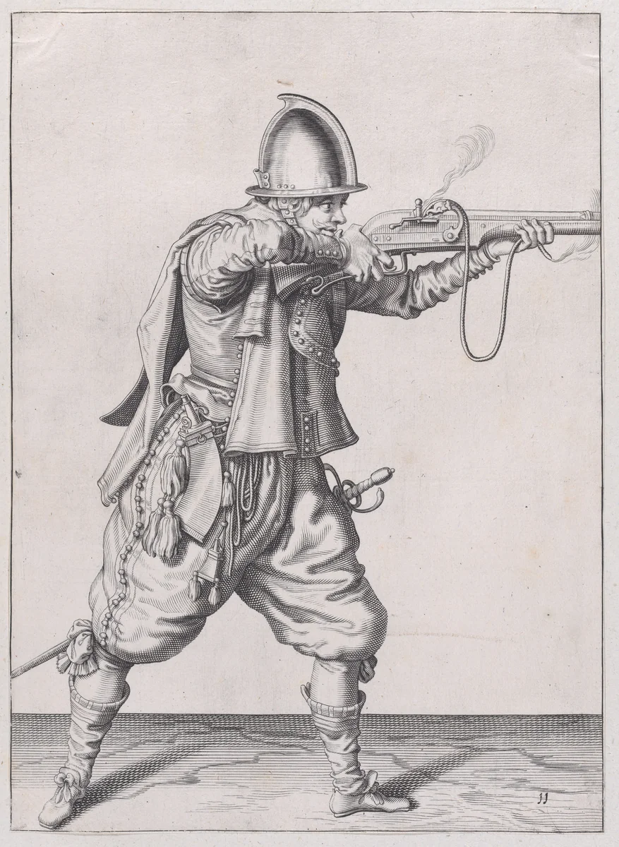 A soldier taking aim, from the Marksmen series, plate 11, in Waffenhandlung von den Rören Musquetten undt Spiessen / Wapenhandelinghe van Roers Musquetten ende Spiessen (The Exercise of Arms) by Jacques de Gheyn II, print, 1608
