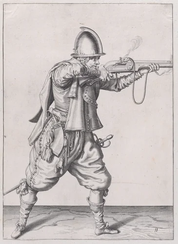 A soldier taking aim, from the Marksmen series, plate 11, in Waffenhandlung von den Rören Musquetten undt Spiessen / Wapenhandelinghe van Roers Musquetten ende Spiessen (The Exercise of Arms) by Jacques de Gheyn II, print, 1608