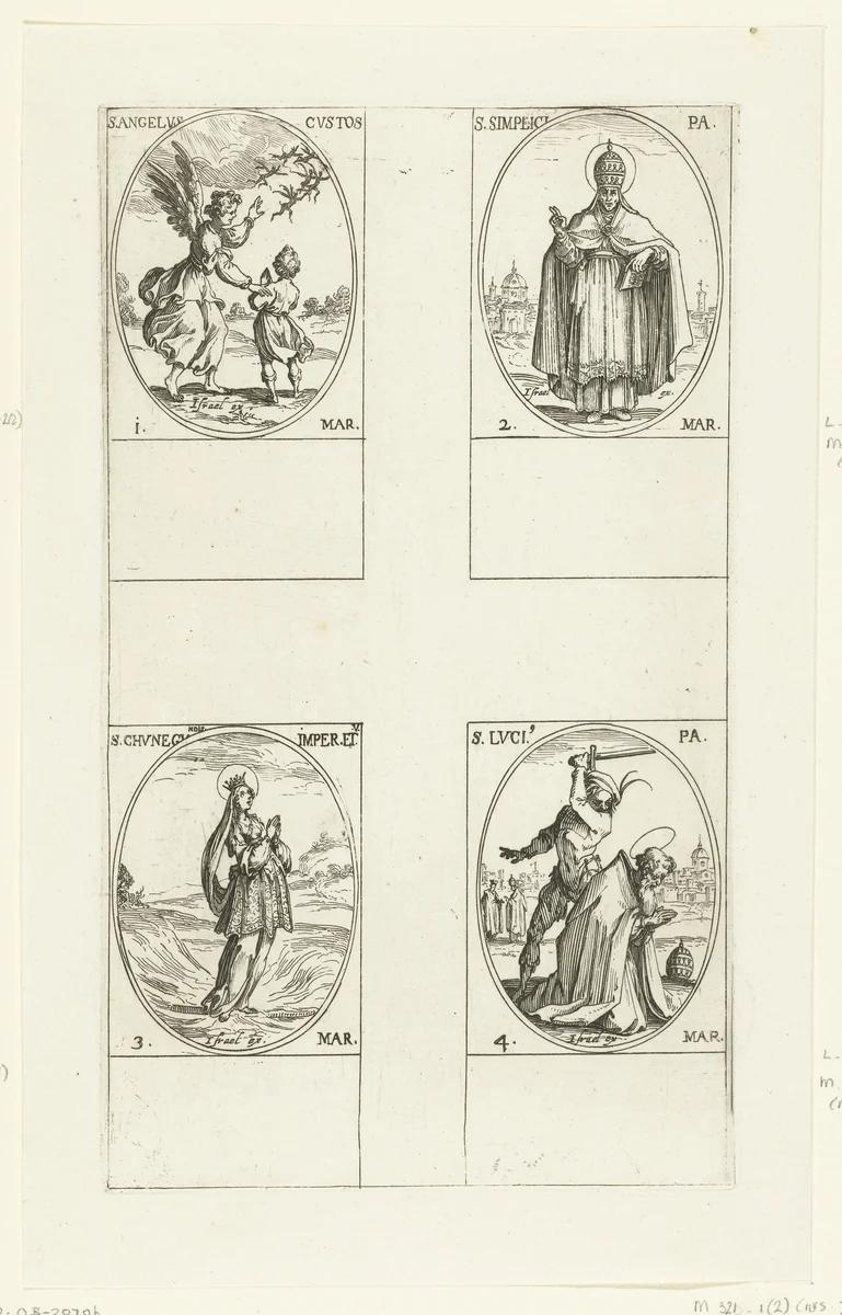 Beschermengel, Heilige Simplicius, Heilige Kunigonda, Heilige Lucius I (1-4 maart) by Jacques Callot, print, 1632-1636