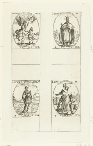 Beschermengel, Heilige Simplicius, Heilige Kunigonda, Heilige Lucius I (1-4 maart) by Jacques Callot, print, 1632-1636