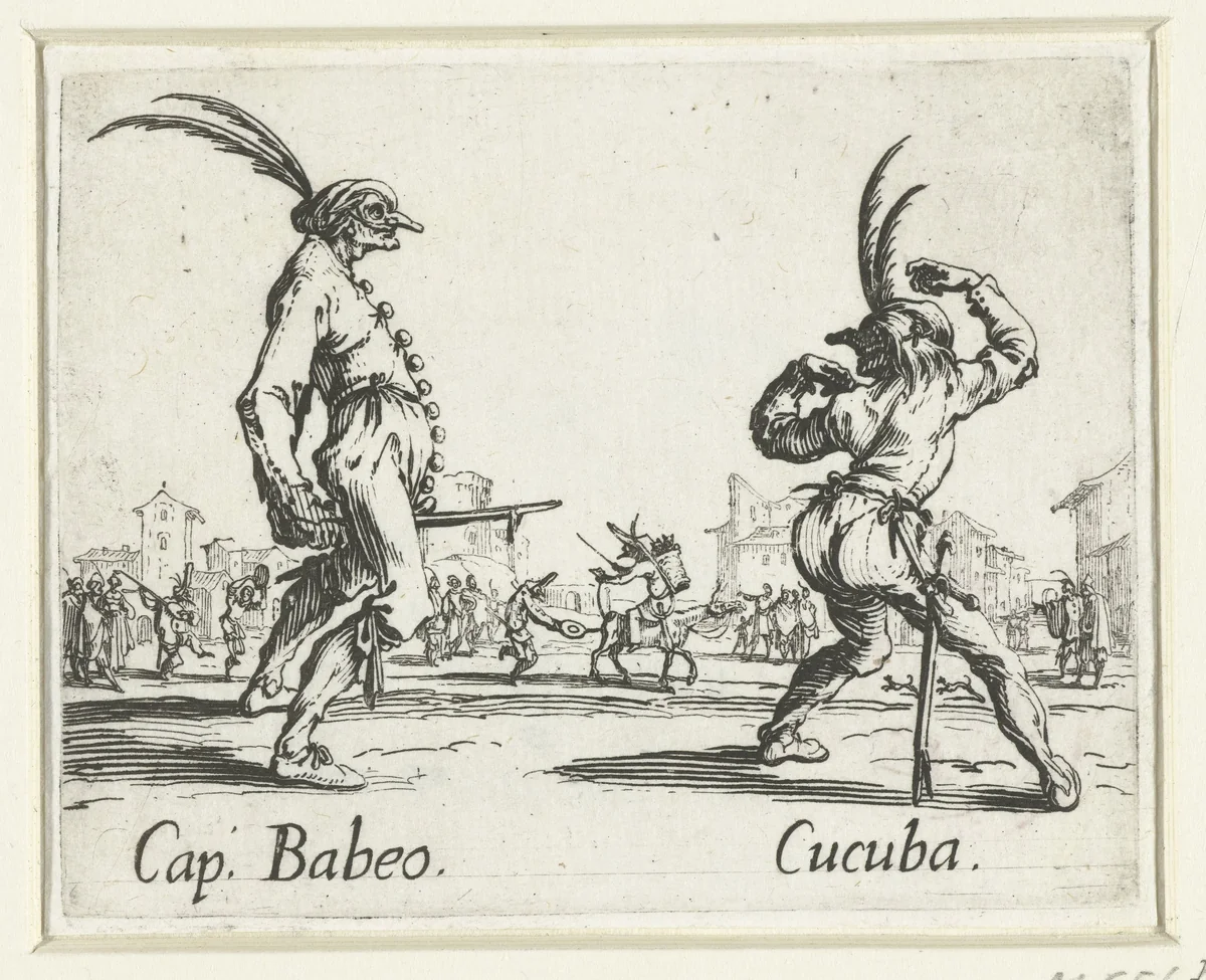 Twee straatartiesten als Capitano Babeo en Cucuba by Jacques Callot, print, 1621-1622