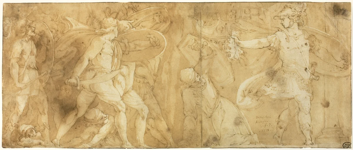 Perseus with the Head of Medusa, Turning Phineus and his Followers to Stone by Polidoro Caldara, drawing, 1567