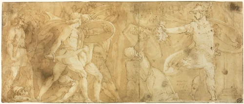 Perseus with the Head of Medusa, Turning Phineus and his Followers to Stone by Polidoro Caldara, drawing, 1567