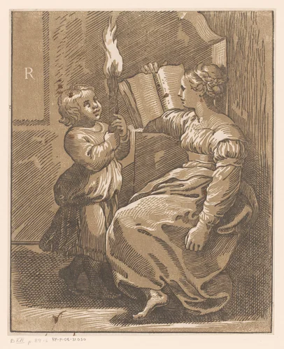 Lezende Sibille met kind by anonymous, print, 1516