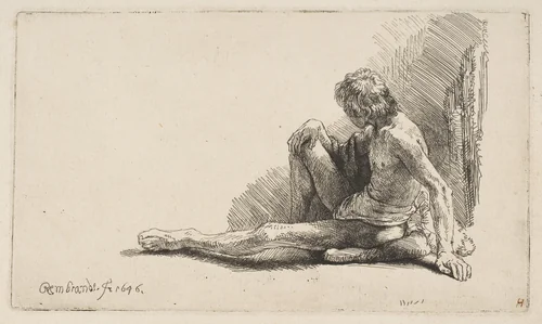 Study from the Nude: Man Seated on Ground, with One Leg Extended by Rembrandt van Rijn, print, 1646