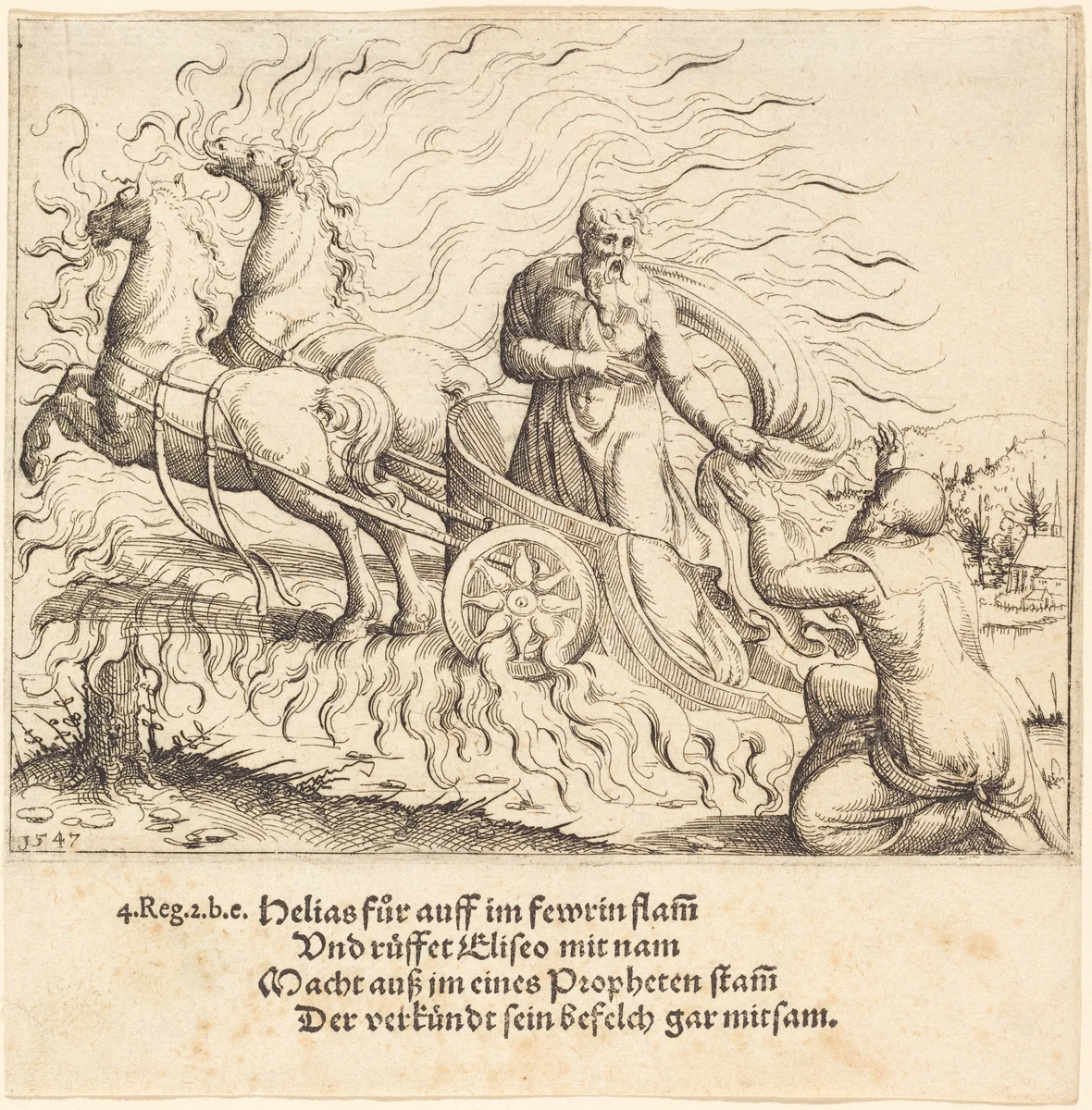 Elijah is Taken up to Heaven by Augustin Hirschvogel, print, 1547