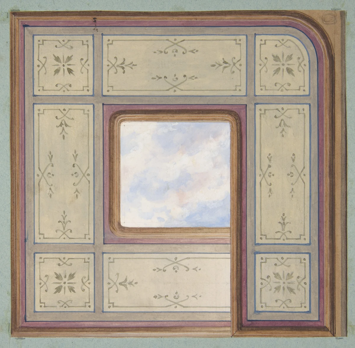 Design for the decoration of a ceiling with a central panel of painted clouds by Jules-Edmond-Charles Lachaise, drawing, 1830-1897