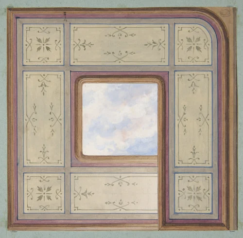 Design for the decoration of a ceiling with a central panel of painted clouds by Jules-Edmond-Charles Lachaise, drawing, 1830-1897