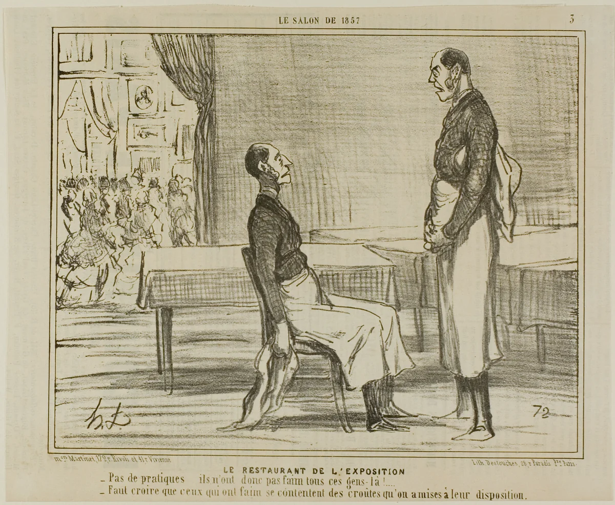 The Restaurant at the Exhibition. “- No clients at all… aren't these people hungry? - I guess that the hungry ones are eating the snacks they were offered,” plate 3 from Le Salon De 1857 by Honoré-Victorin Daumier, print, 1857
