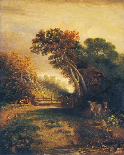 Landscape with Picnickers and Donkeys by a Gate by Joseph Paul, painting, 1830-1880