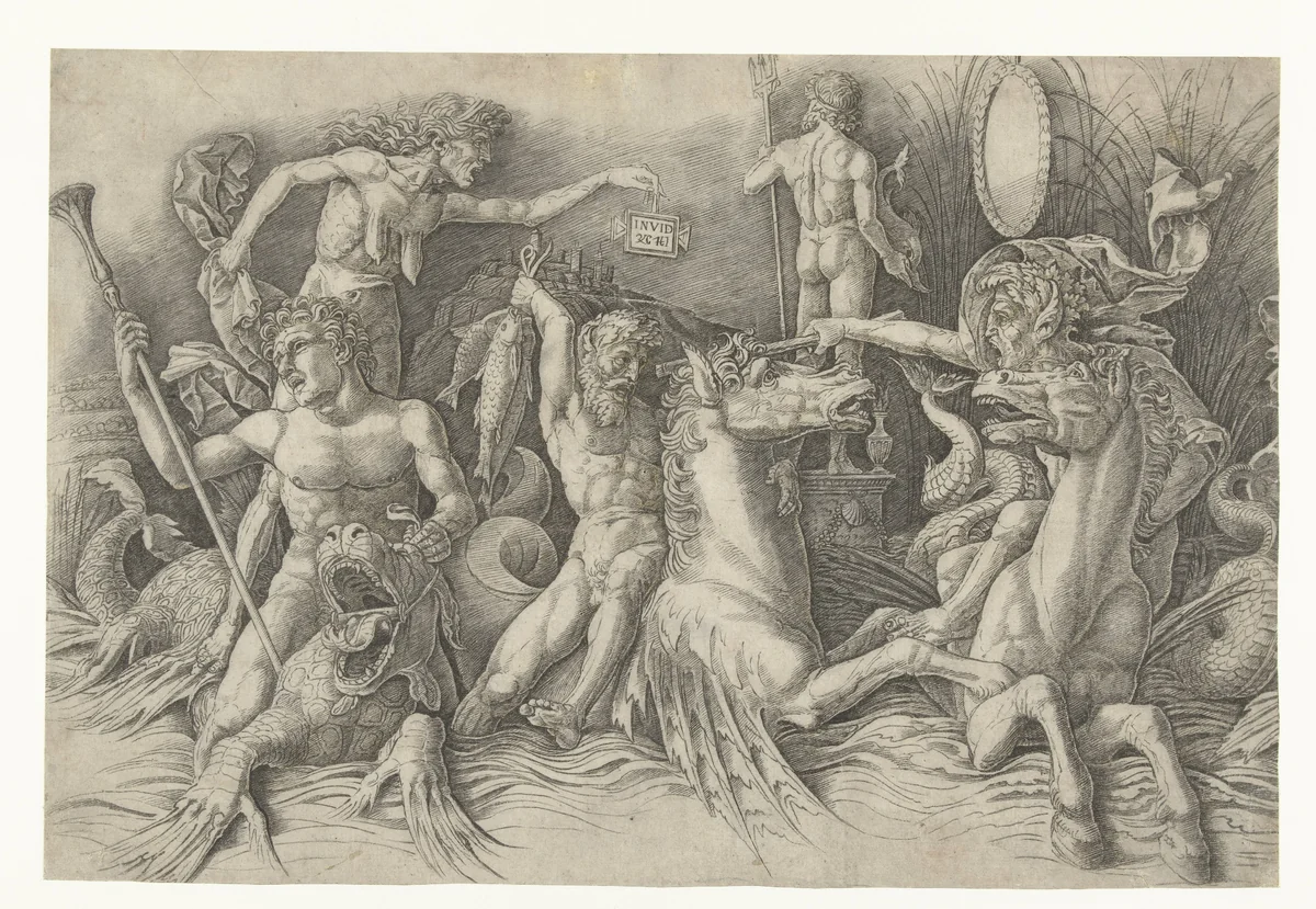Battle of the Sea Gods, with Envy (Invidia) on the Left by Andrea Mantegna, print, 1485-1488