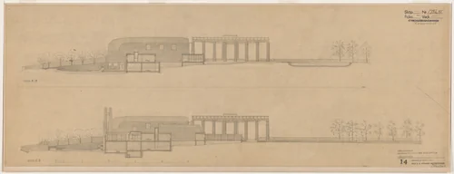 Woodland Crematorium, Stockholm, Sweden, Second version: Two sections by Erik Gunnar Asplund, architecture, 1935