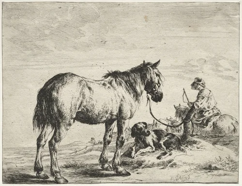 Horse bound to a post by Dirck Stoop, print