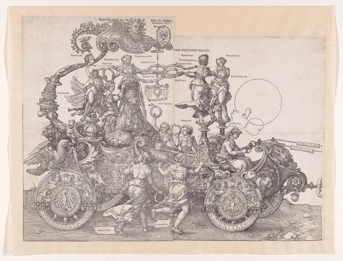 Kar met Maximiliaan I van Habsburg (keizer van het Heilige Roomse Rijk) en allegorieën by Albrecht Dürer, print, 1523