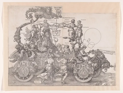 Kar met Maximiliaan I van Habsburg (keizer van het Heilige Roomse Rijk) en allegorieën by Albrecht Dürer, print, 1523