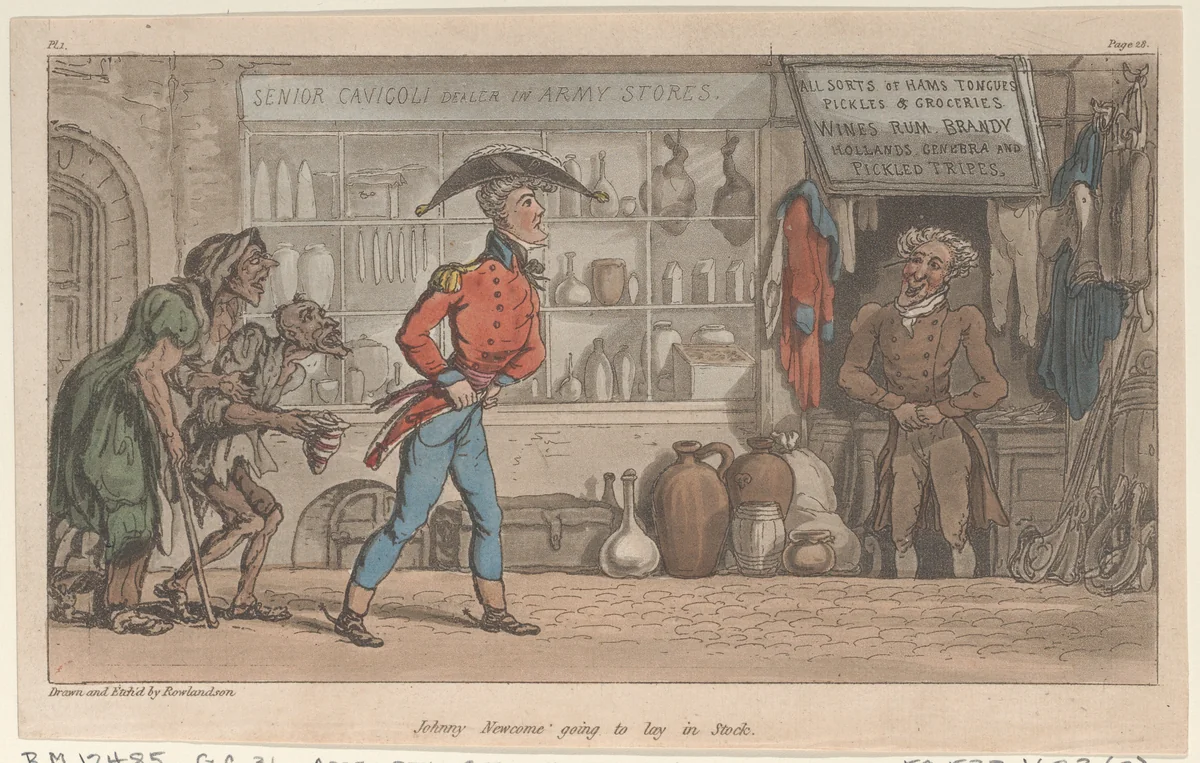 Johnny Newcome going to lay in Stock by Thomas Rowlandson, print, 1815