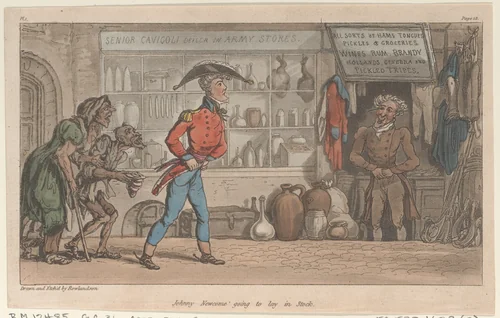Johnny Newcome going to lay in Stock by Thomas Rowlandson, print, 1815