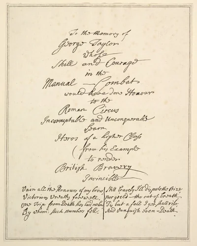 To the Memory of George Taylor Whose Skill and Courage in Manual Combat Would Have Done Honour to the Roman Circus... (Epitaph) by Richard Livesay, print, 1782