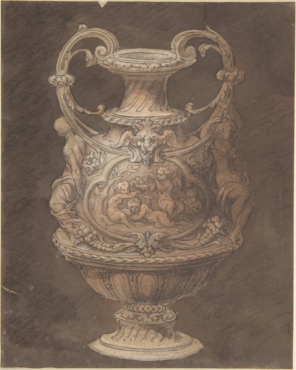 Design for an Urn with Four Putti in Central Cartouche by anonymous, drawing, 1805-1815