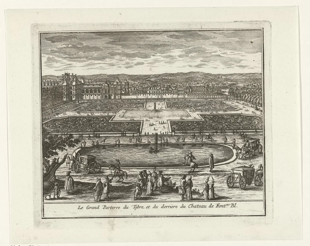 Gezicht op de Parterre en de Bassin de Tibre van het paleis van Fontainebleau by Jan Lamsvelt, print, 1726-1743
