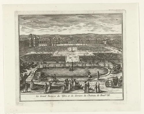 Gezicht op de Parterre en de Bassin de Tibre van het paleis van Fontainebleau by Jan Lamsvelt, print, 1726-1743