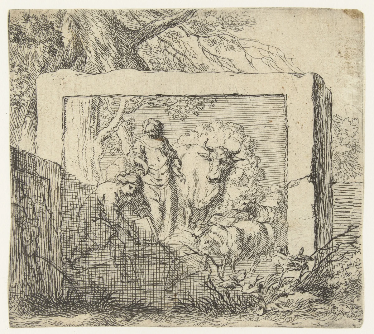 Steenblok met bas-reliëf met een voorstelling van een herder die water in een drinkbak giet by Nicolaes Pietersz Berchem, print, 1646-1652