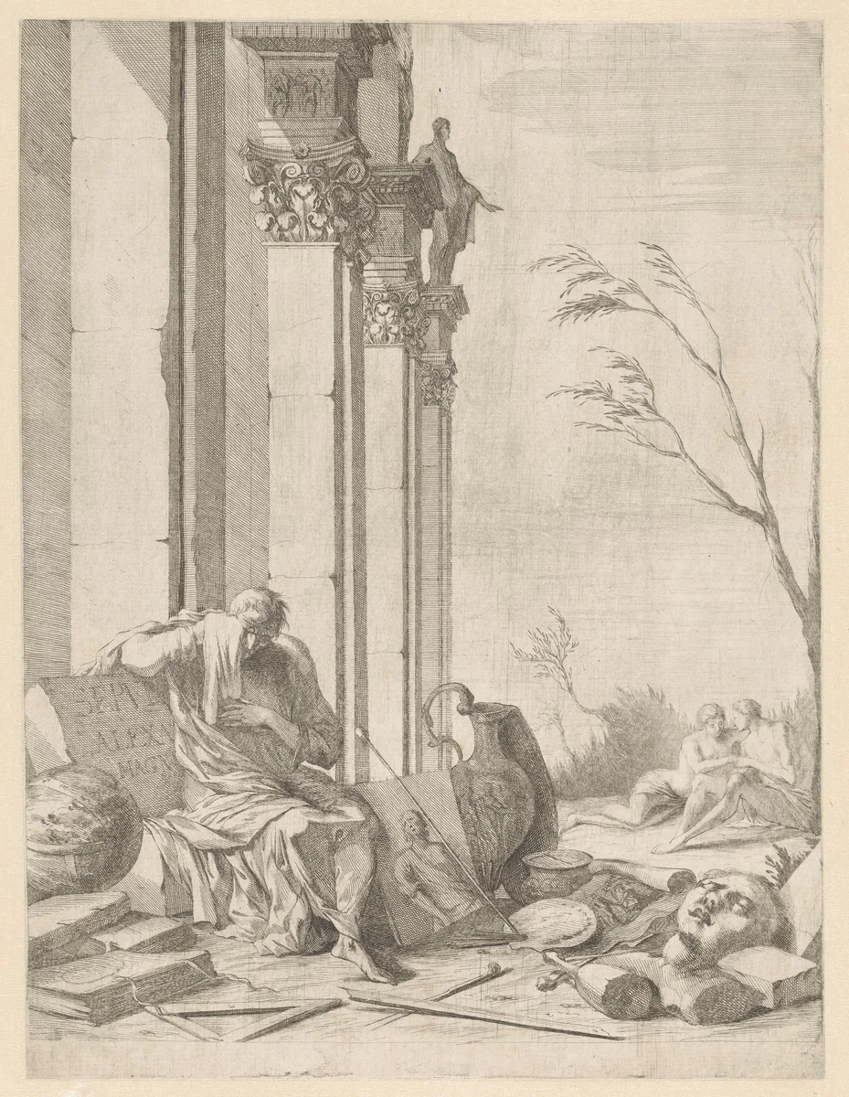 Treurende filosoof bij het graf van Alexander de Grote by Gabriel Ehinger, print, 1662-1736