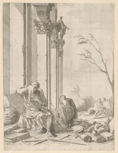 Treurende filosoof bij het graf van Alexander de Grote by Gabriel Ehinger, print, 1662-1736