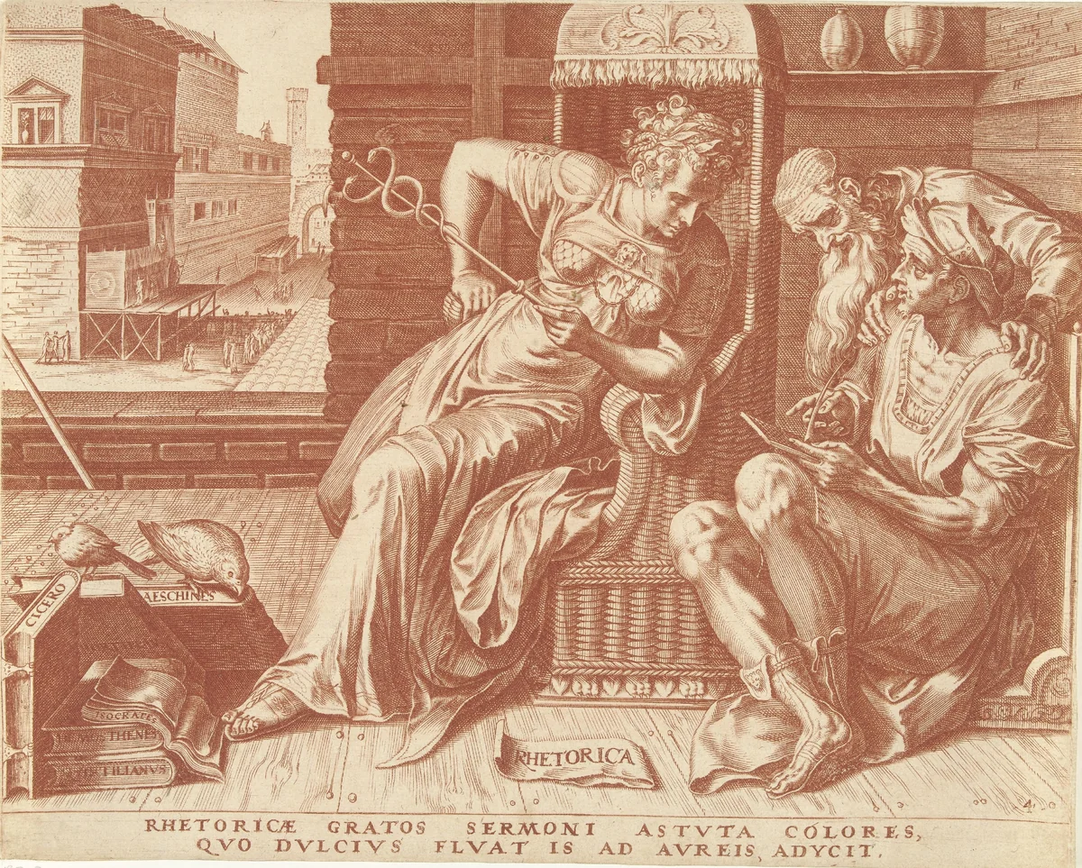 Retorica (Welsprekendheid) by Cornelis Cort, print, 1565