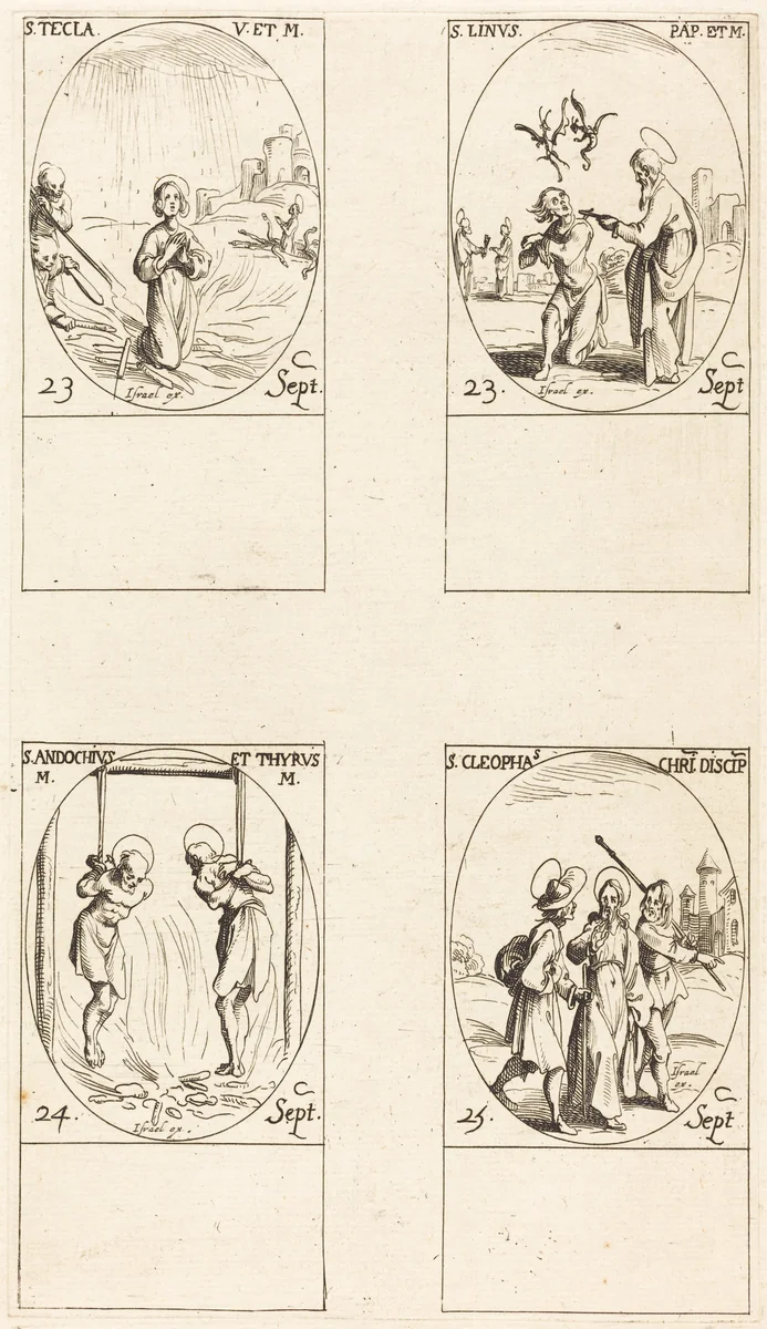 St. Thecla; St. Linus; Sts. Andochius and Thyrsus; St. Cleophas by Jacques Callot, print, 1627-1637