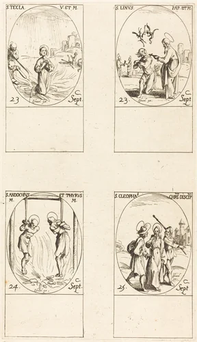 St. Thecla; St. Linus; Sts. Andochius and Thyrsus; St. Cleophas by Jacques Callot, print, 1627-1637