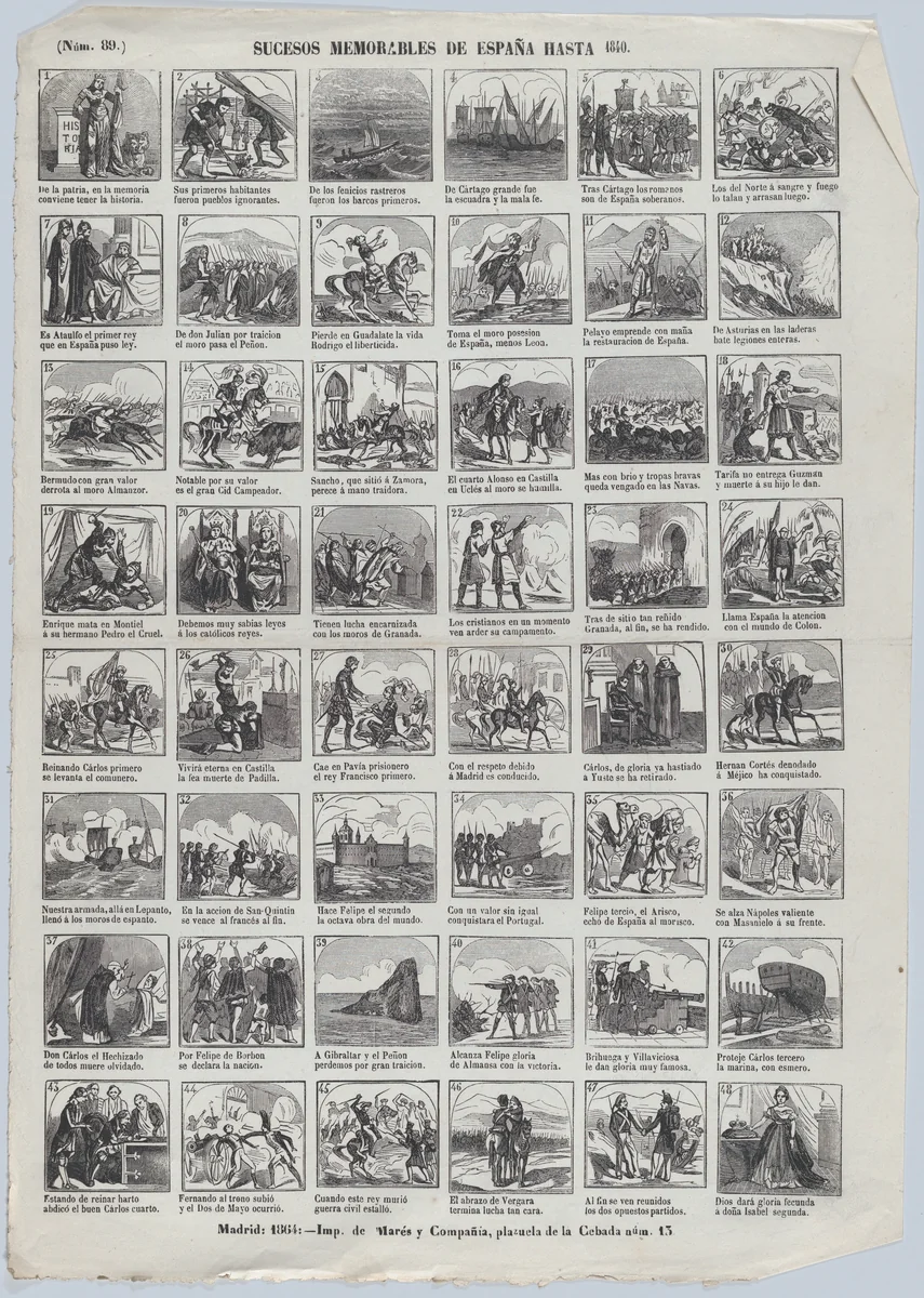 Broadside with 48 scenes depicting memorable events in Spain until 1840 by José María Marés, print, 1864