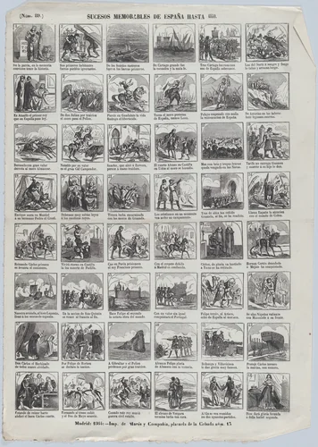 Broadside with 48 scenes depicting memorable events in Spain until 1840 by José María Marés, print, 1864