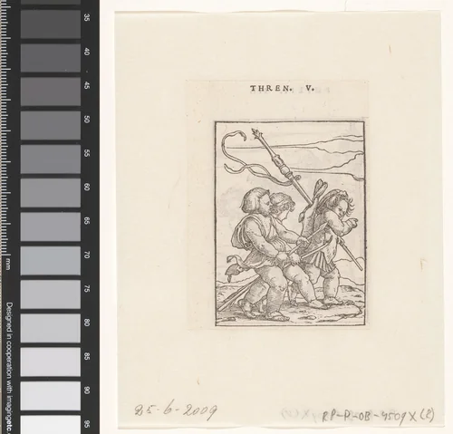 Drie kinderen met een staf en pijl en boog by Hans Holbein, print, 1547