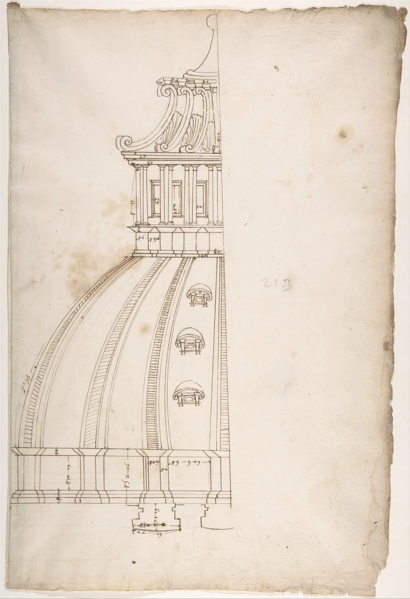 St Peter's, dome, model, half elevation (recto) blank (verso) by anonymous, drawing, 1500-1560