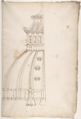 St Peter's, dome, model, half elevation (recto) blank (verso) by anonymous, drawing, 1500-1560