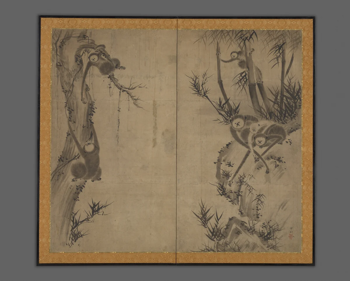 Monkeys on Rocks and Trees by Sesson Shūkei (雪村周継), painting, 1600-1699