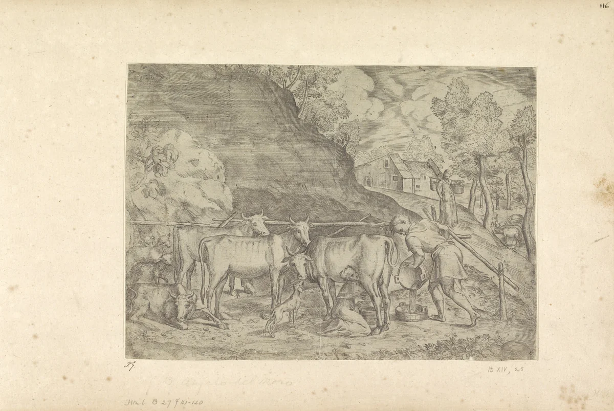 Landschap met melkkoe by Battista Angolo del Moro, print, 1524-1575