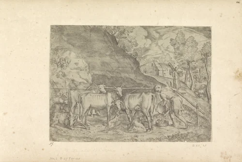 Landschap met melkkoe by Battista Angolo del Moro, print, 1524-1575