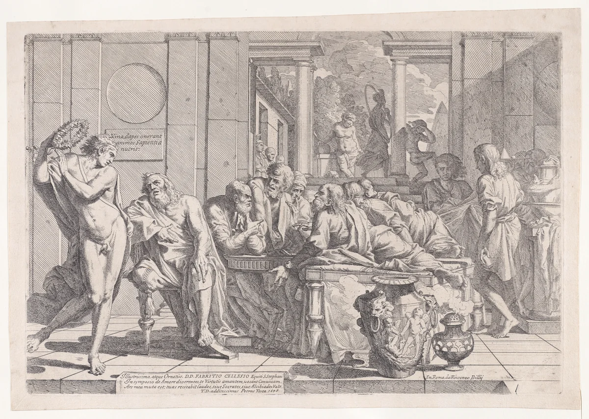 Plato's symposium: Socrates and his companions seated around a table discussing ideal love interruputed by Acibiades at left by Pietro Testa, print, 1625-1650