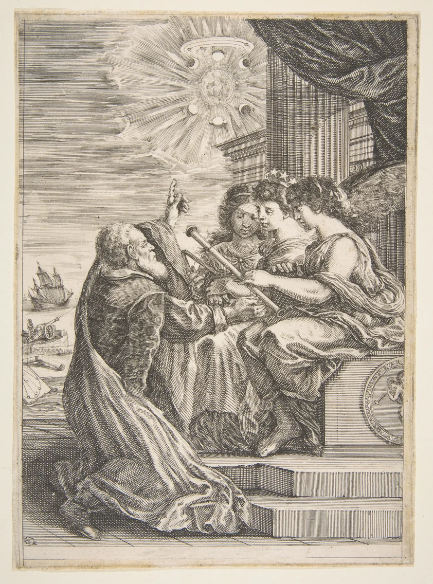 Galileo and personifications of Astronomy, Perspective and Mathematics, frontispiece for 'Opere di Galileo Galilei' by Stefano della Bella, print, 1656