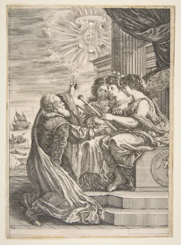 Galileo and personifications of Astronomy, Perspective and Mathematics, frontispiece for 'Opere di Galileo Galilei' by Stefano della Bella, print, 1656