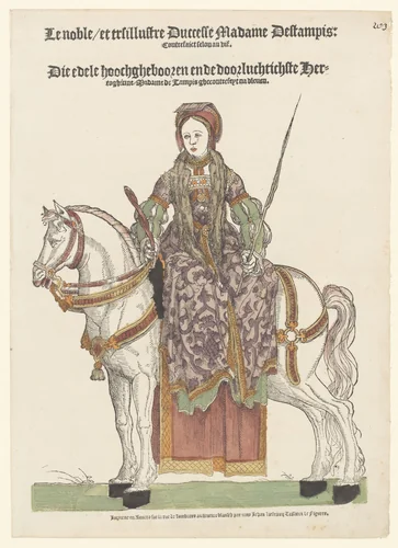 Portret van Anne de Pisseleu te paard by Hans Liefrinck, print, 1539-1553