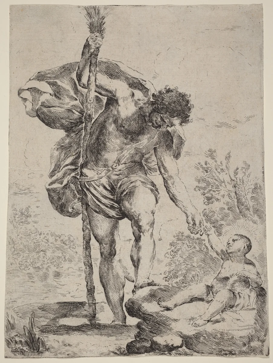 Saint Christopher Giving His Hand to the Infant Jesus by Francesco Amato, print, 1650-1660