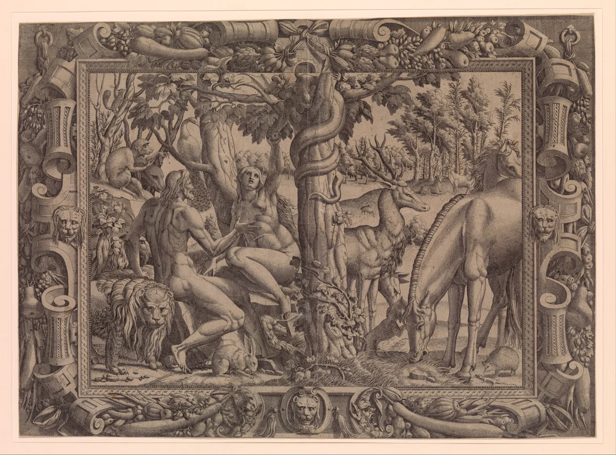 Temptation in the Garden by Jean Mignon, print, 1535-1555