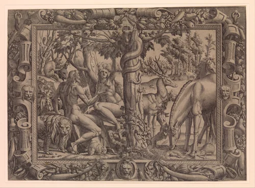 Temptation in the Garden by Jean Mignon, print, 1535-1555