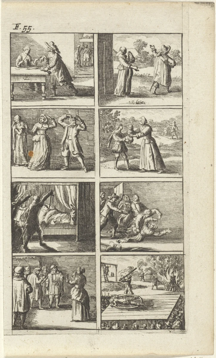 Verhaal met voorstellingen van moord en doodstraf (F. 55.) by Abraham Dircksz. Santvoort, print, 1667
